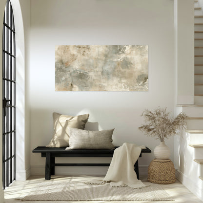 Neutral marble abstract painting poster print in an entryway above a bench