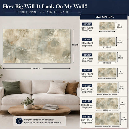 Neutral marble abstract painting poster print size guide above a sofa