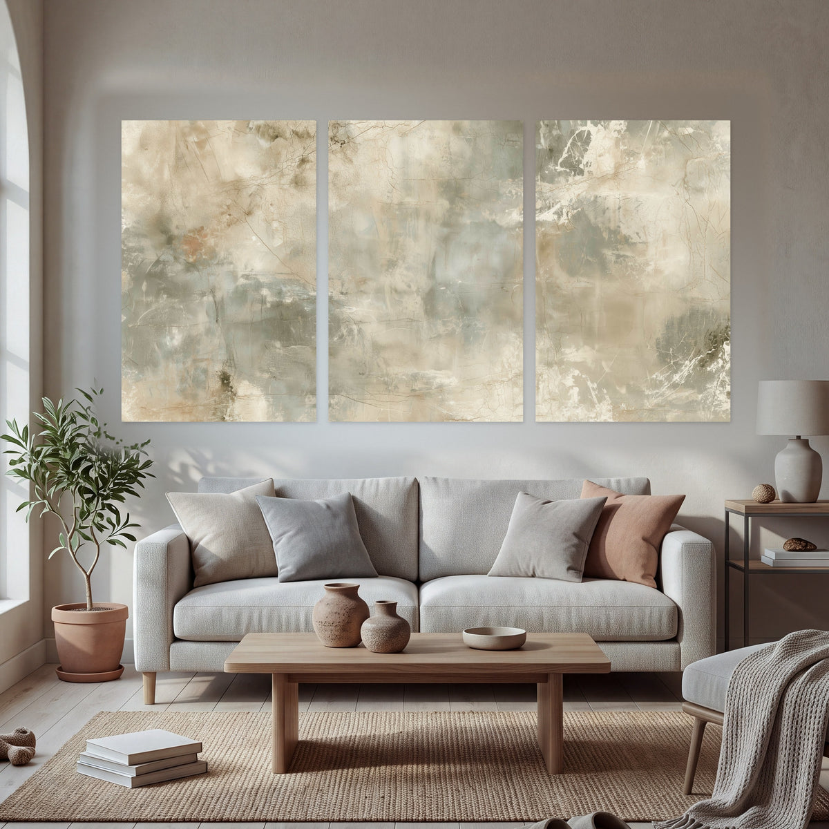Neutral marble abstract painting set of 3 poster prints in a bright living room
