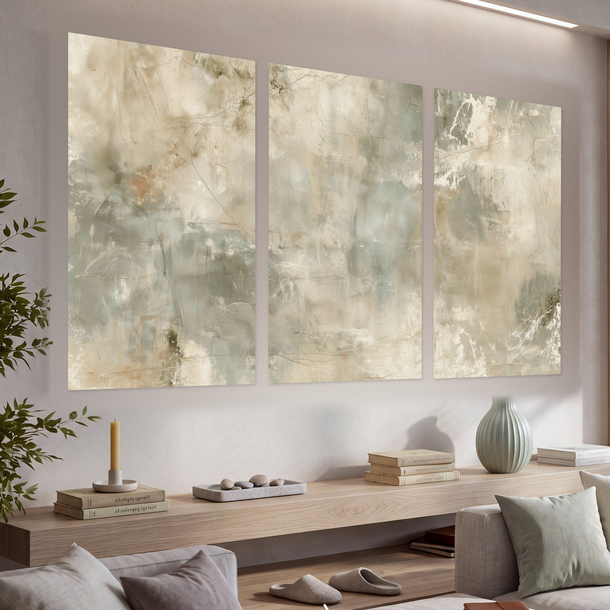 Neutral marble abstract painting set of 3 poster prints in a living room above a console