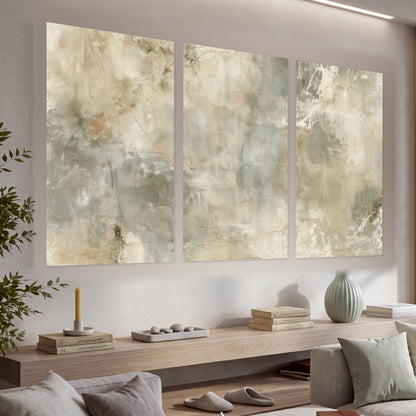 Neutral marble abstract painting set of 3 poster prints in a living room above a console