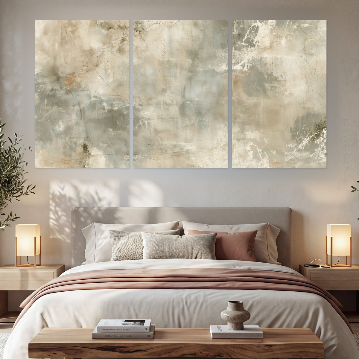 Neutral marble abstract painting set of 3 poster prints in a bedroom above the bed