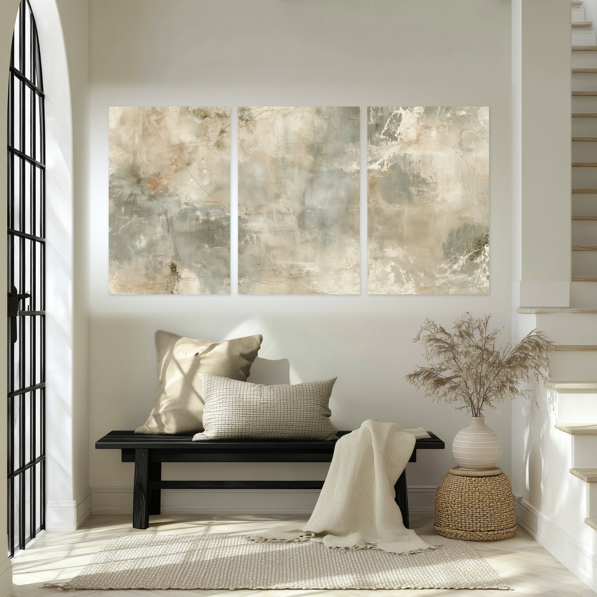Neutral marble abstract painting set of 3 poster prints in an entryway above a bench
