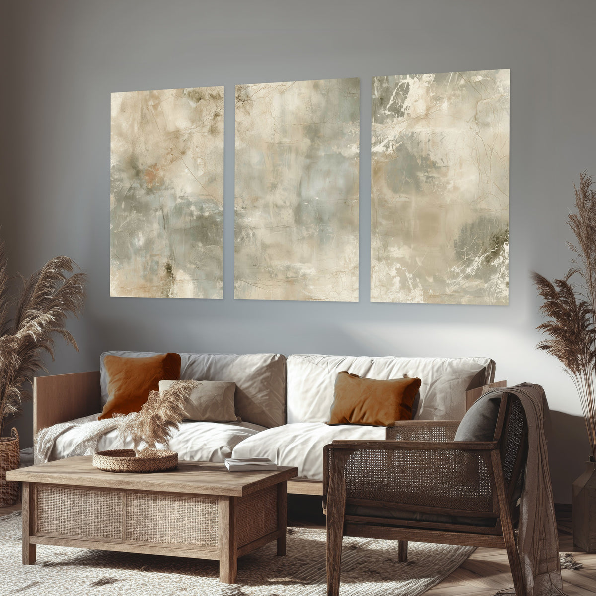 Neutral marble abstract painting set of 3 poster prints in a rustic living room