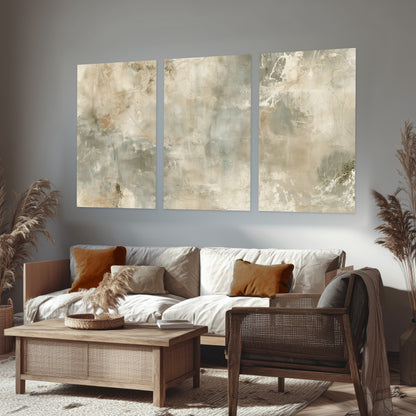 Neutral marble abstract painting set of 3 poster prints in a rustic living room