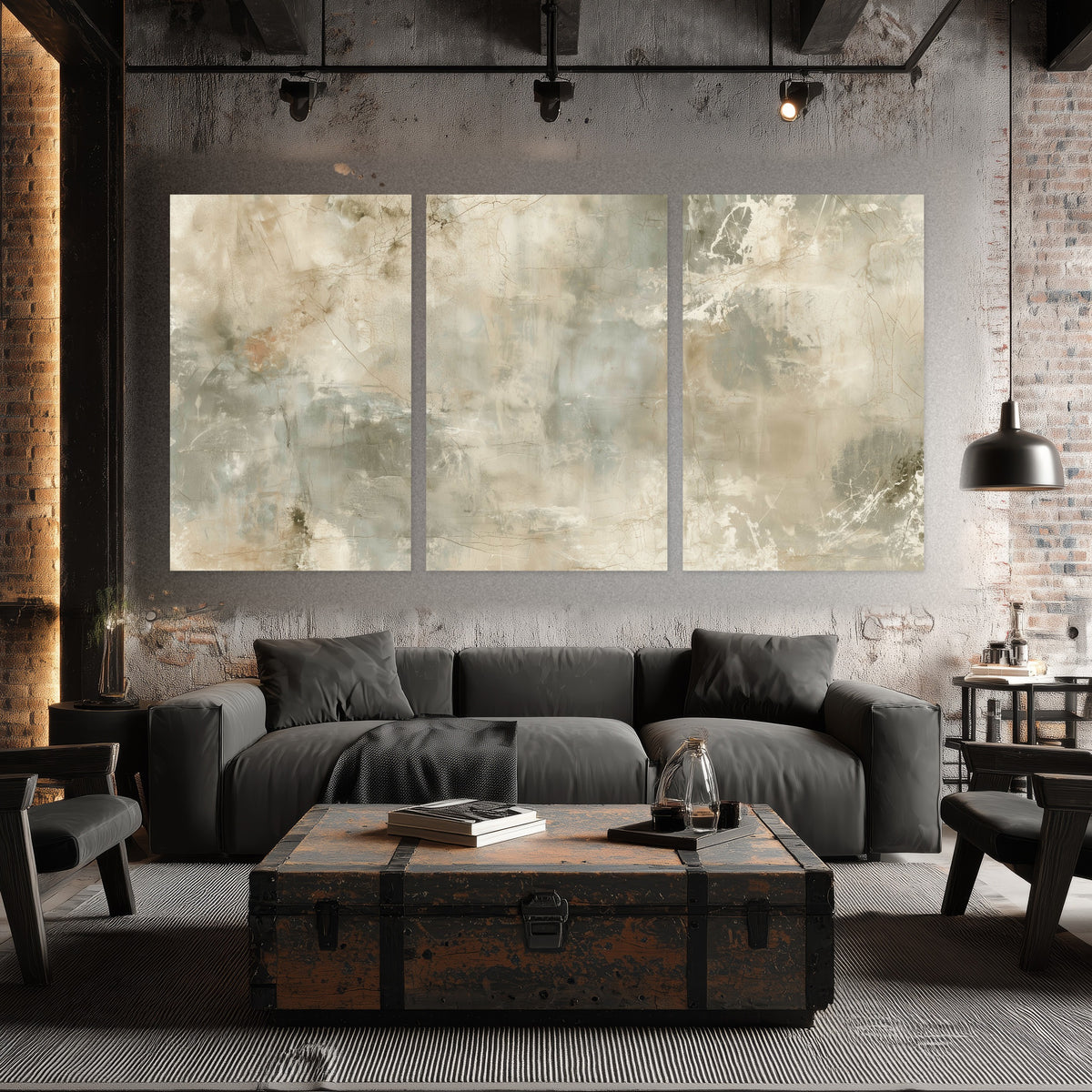 Neutral marble abstract painting set of 3 poster prints in an industrial loft