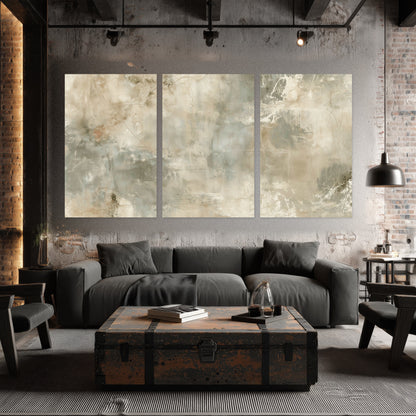 Neutral marble abstract painting set of 3 poster prints in an industrial loft