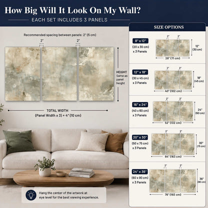 Neutral marble abstract painting set of 3 poster prints size guide above a sofa