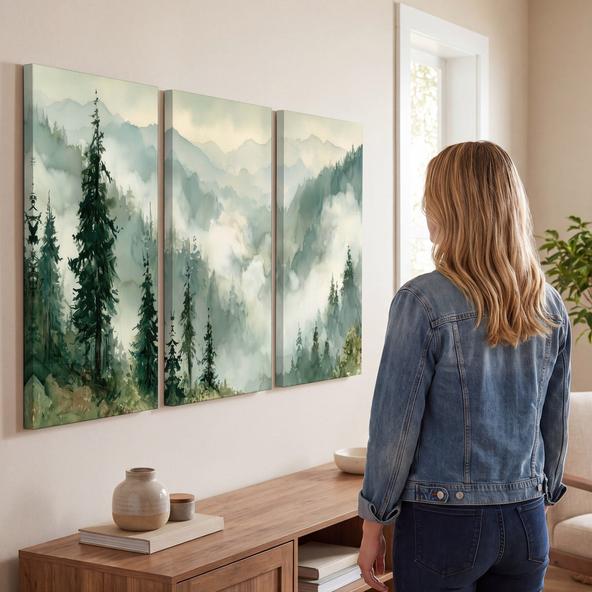 Watercolor misty mountain forest painting 3 piece canvas wall art in a living room