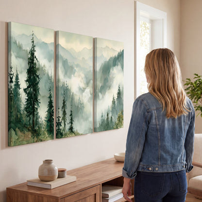 Watercolor misty mountain forest painting 3 piece canvas wall art in a living room