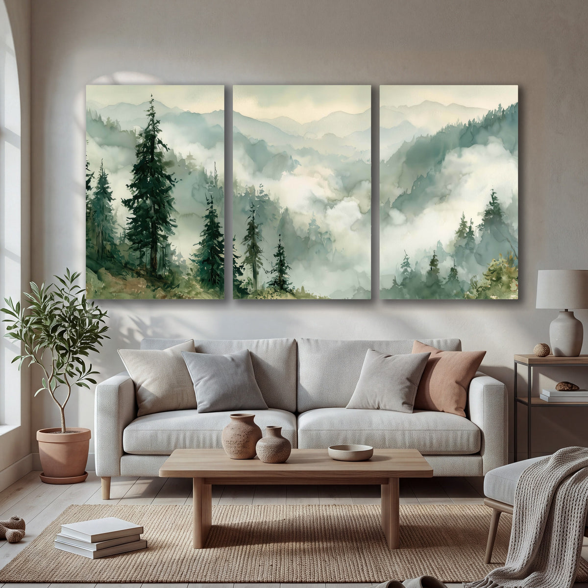 Watercolor misty mountain forest painting 3 piece canvas wall art in a bright living room