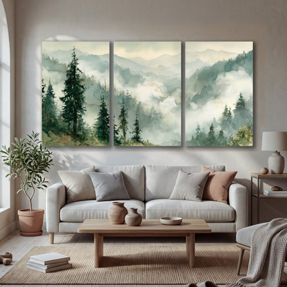 Watercolor misty mountain forest painting 3 piece canvas wall art in a bright living room