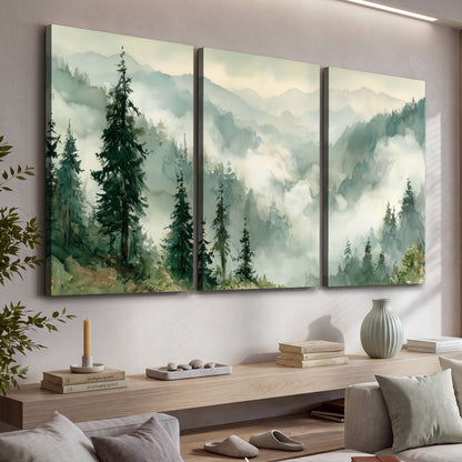 Watercolor misty mountain forest painting 3 piece canvas wall art in a living room above a console