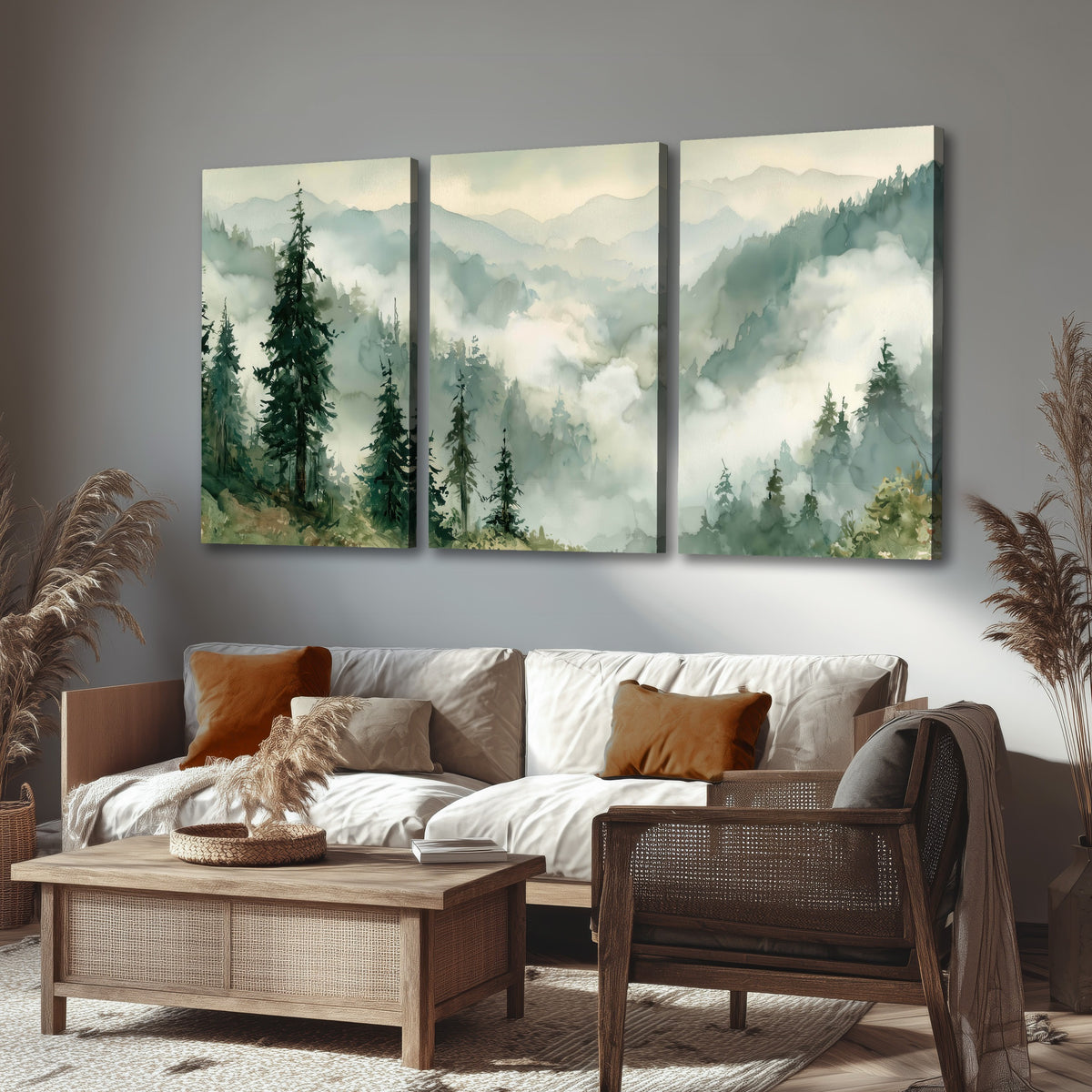 Watercolor misty mountain forest painting 3 piece canvas wall art in a rustic living room