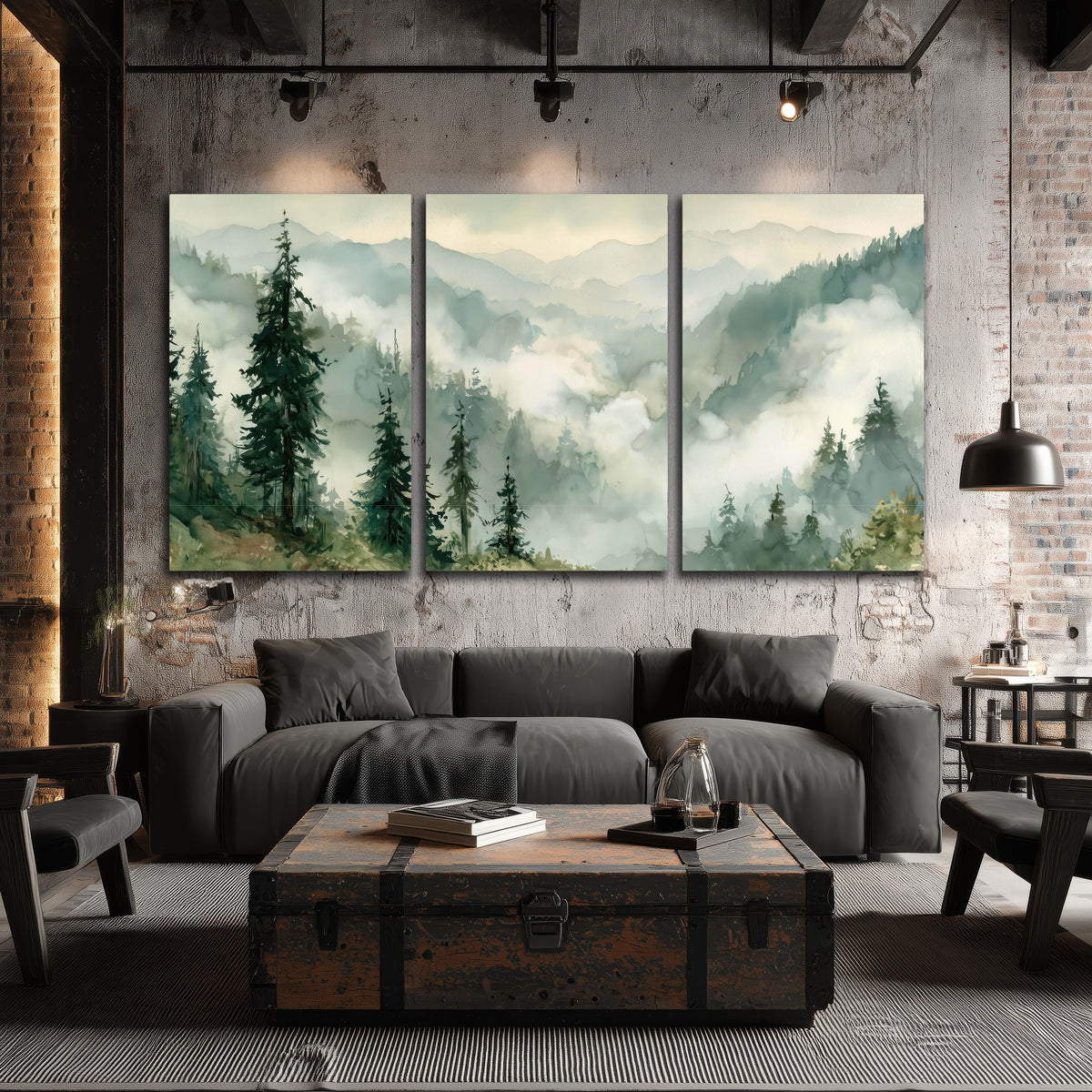 Watercolor misty mountain forest painting 3 piece canvas wall art in an industrial loft