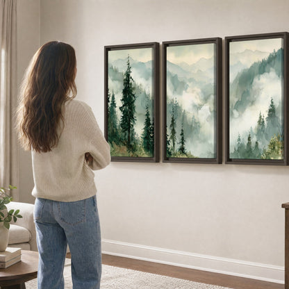 Watercolor misty mountain forest painting 3 piece framed canvas in a living room