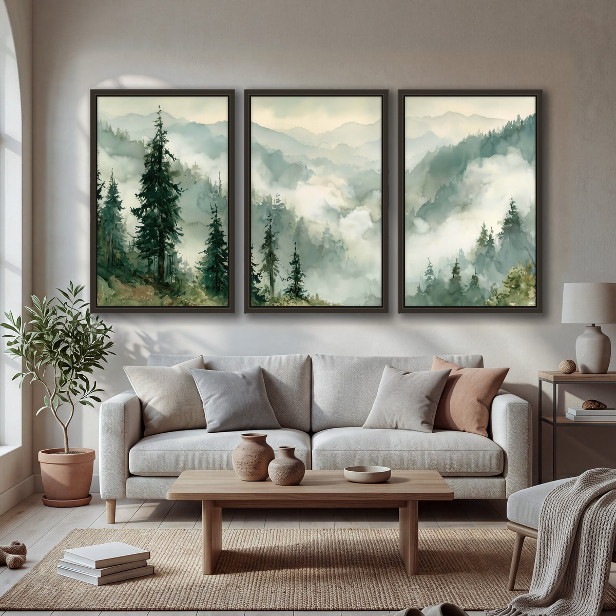 Watercolor misty mountain forest painting 3 piece framed canvas in a bright living room