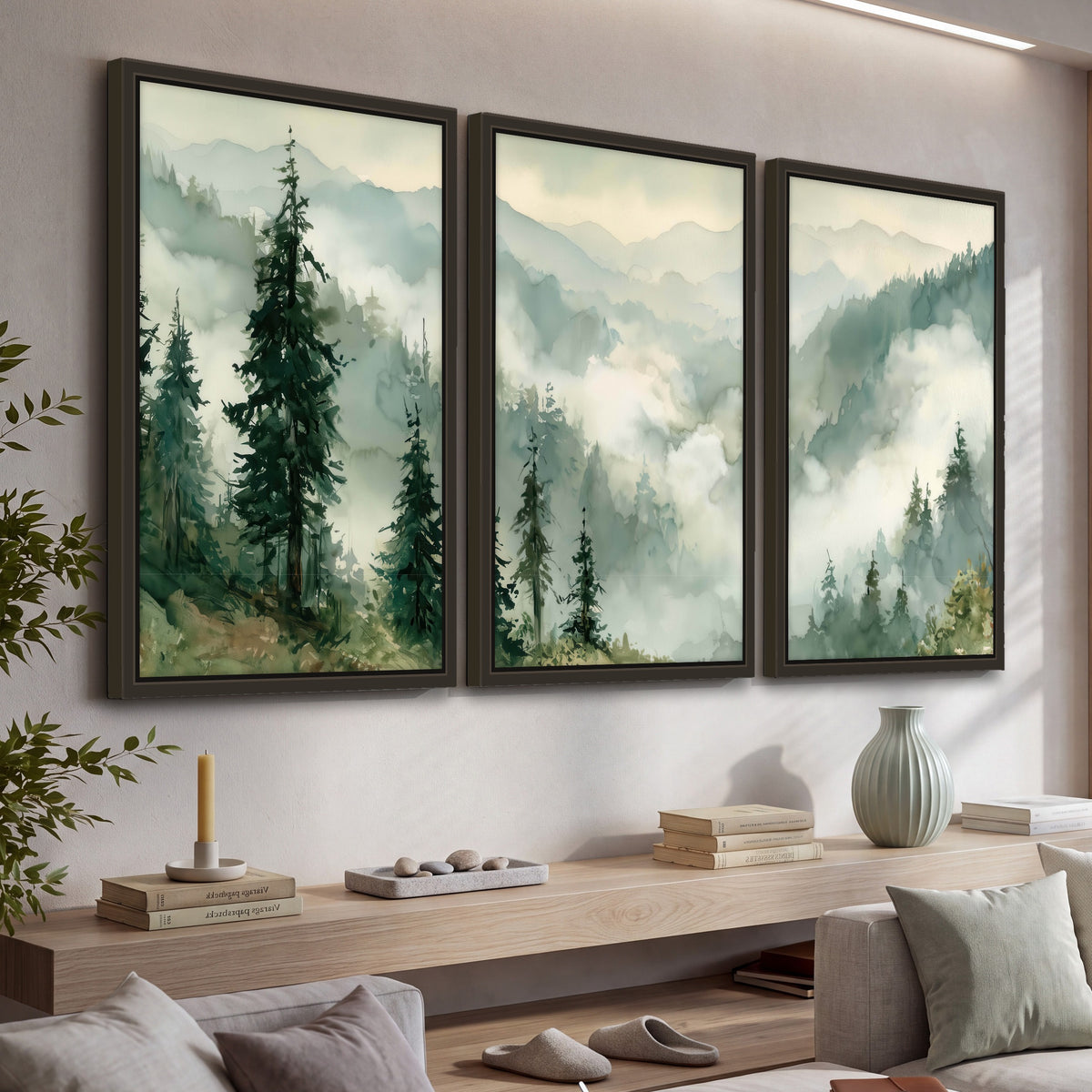 Watercolor misty mountain forest painting 3 piece framed canvas in a living room above a console