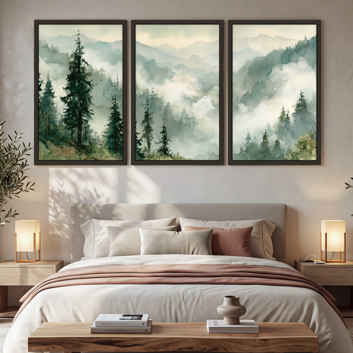 Watercolor misty mountain forest painting 3 piece framed canvas in a bedroom above the bed