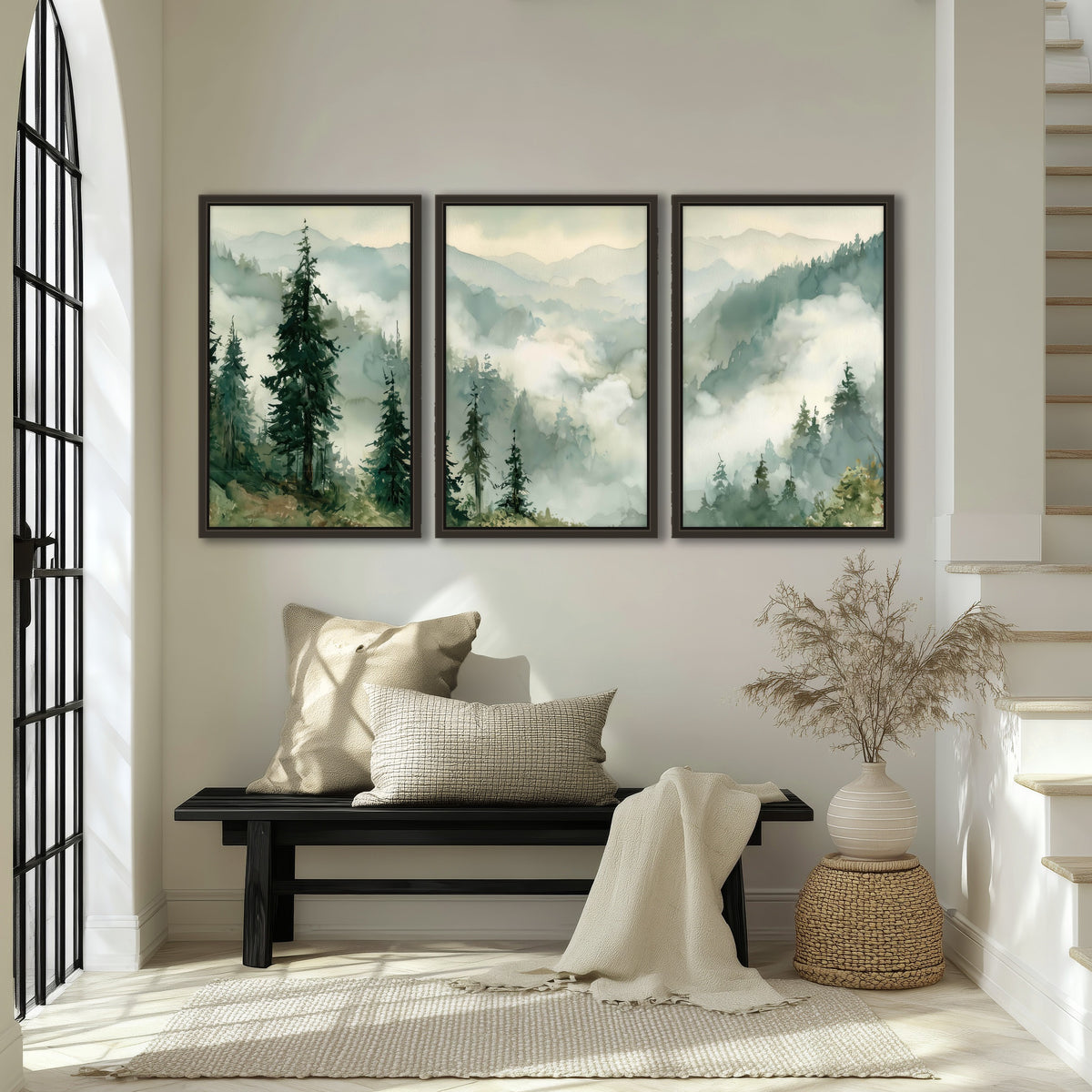 Watercolor misty mountain forest painting 3 piece framed canvas in an entryway above a bench