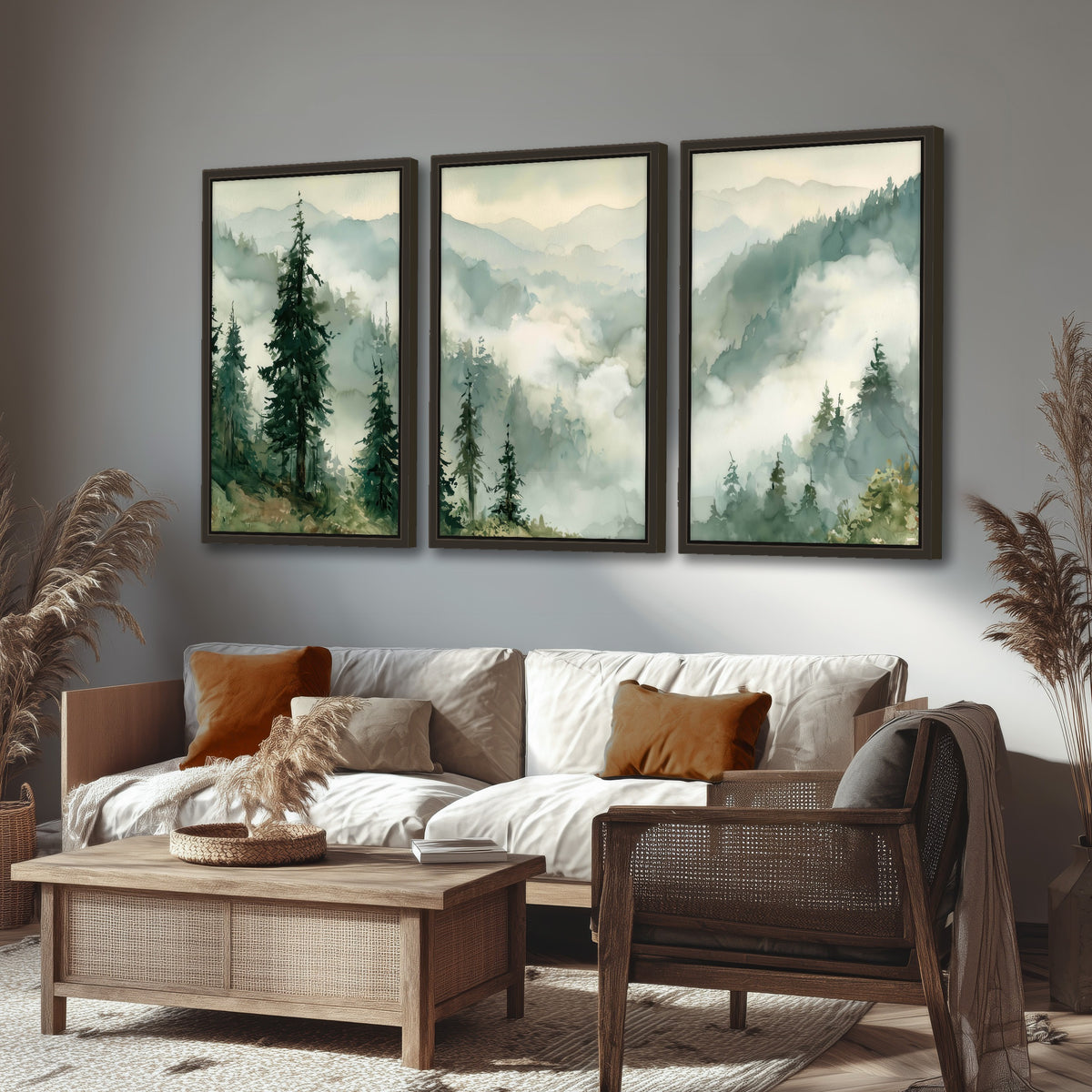 Watercolor misty mountain forest painting 3 piece framed canvas in a rustic living room