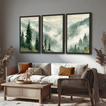 Watercolor misty mountain forest painting 3 piece framed canvas in a rustic living room