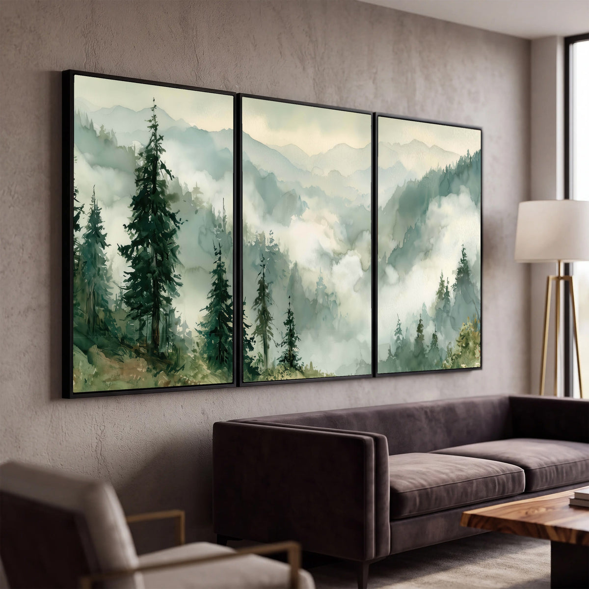 Watercolor misty mountain forest painting 3 piece framed canvas in a modern living room