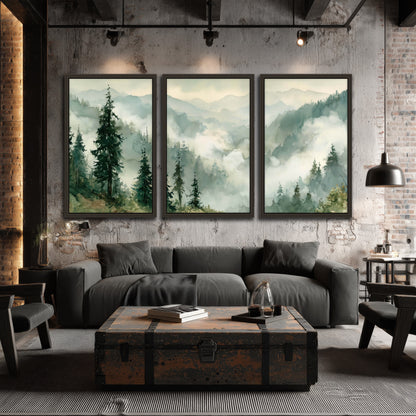 Watercolor misty mountain forest painting 3 piece framed canvas in an industrial loft