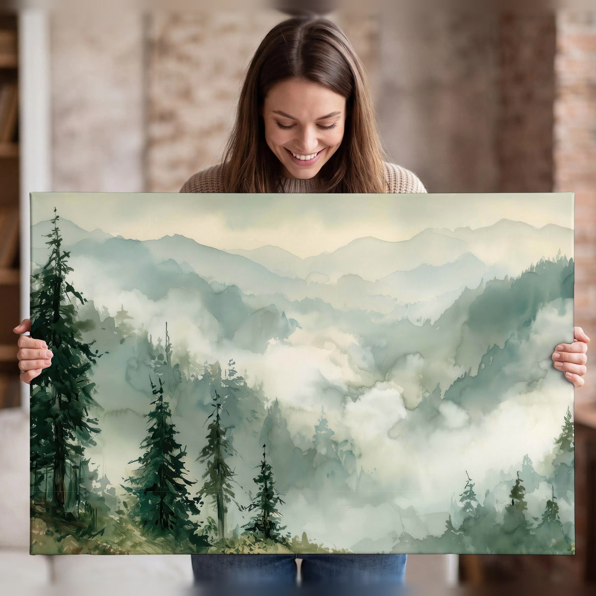 Watercolor misty mountain forest painting canvas wall art held in hands