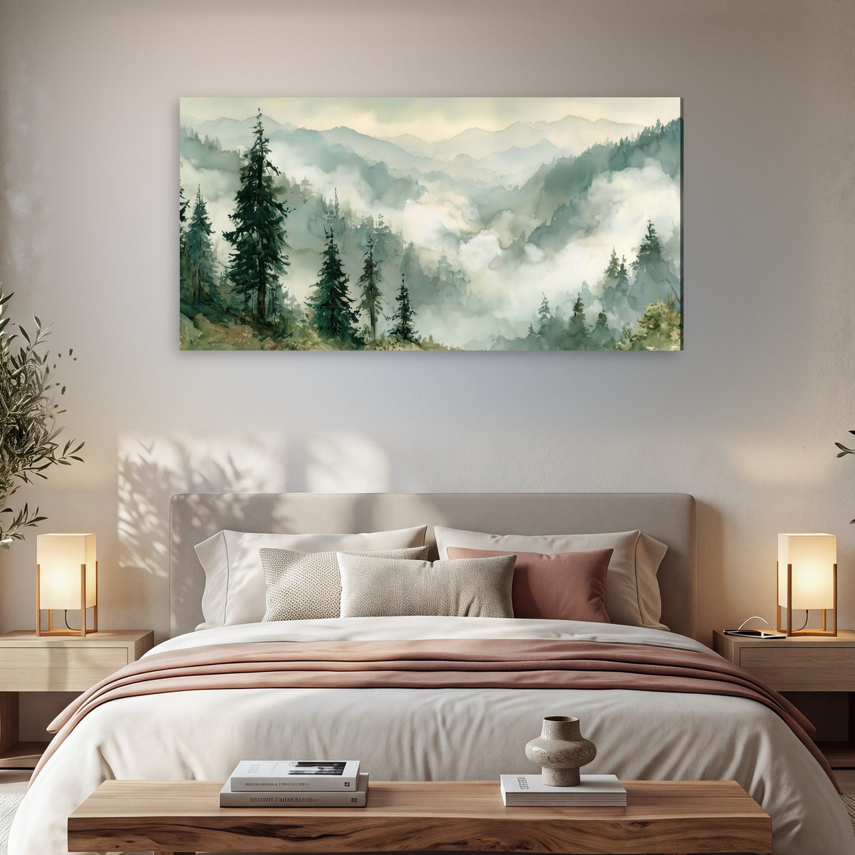 Watercolor misty mountain forest painting canvas wall art in a bedroom above the bed