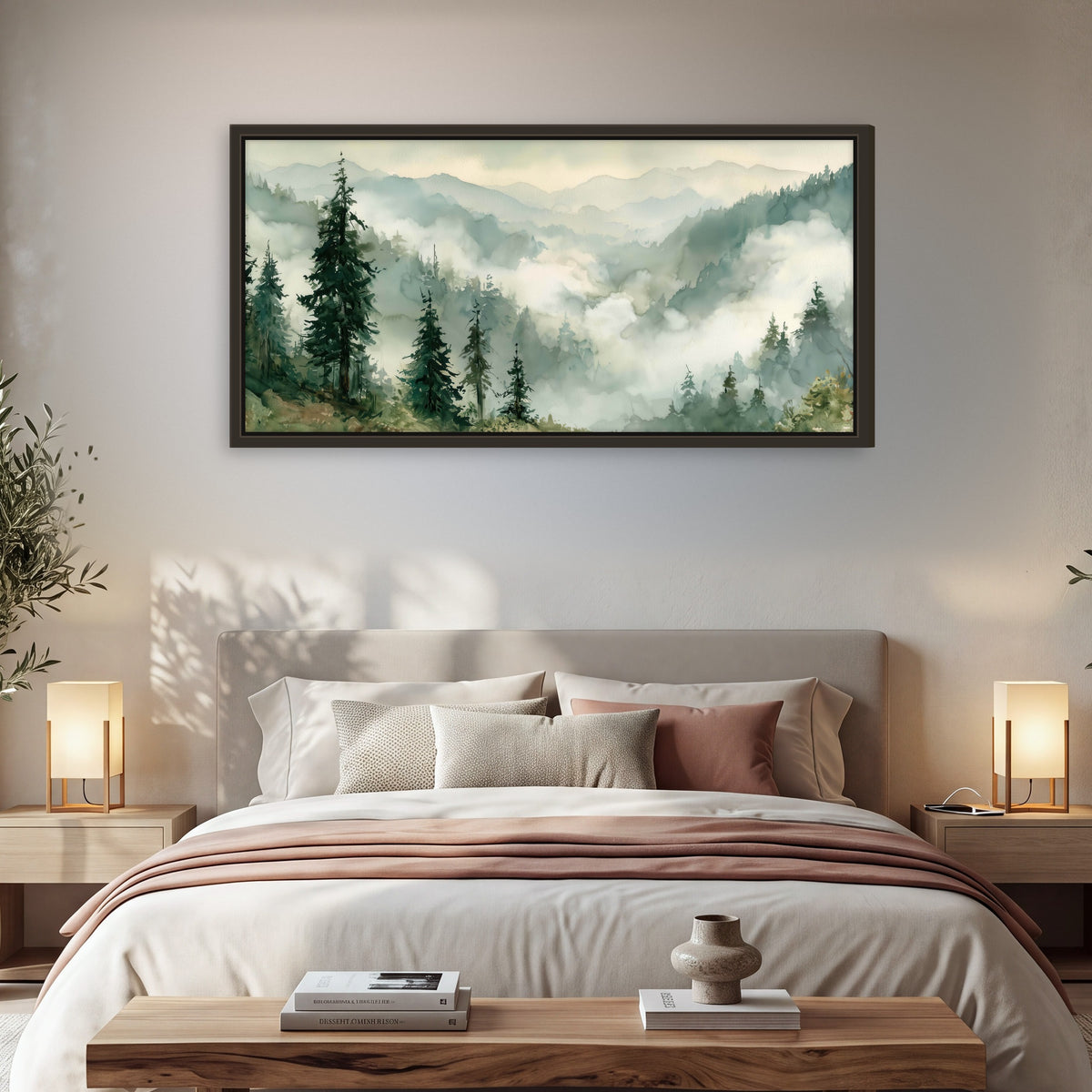 Watercolor misty mountain forest painting framed canvas wall art in a bedroom above the bed