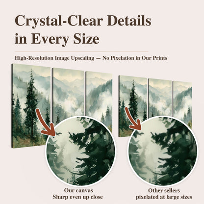 Watercolor misty mountain forest painting high-resolution print quality comparison