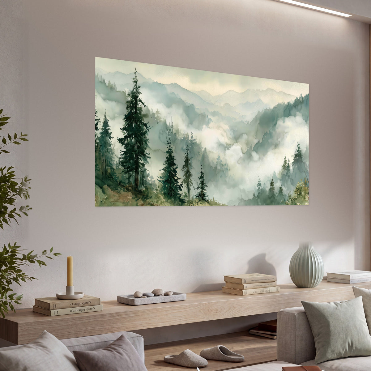 Watercolor misty mountain forest painting poster print in a living room above a console