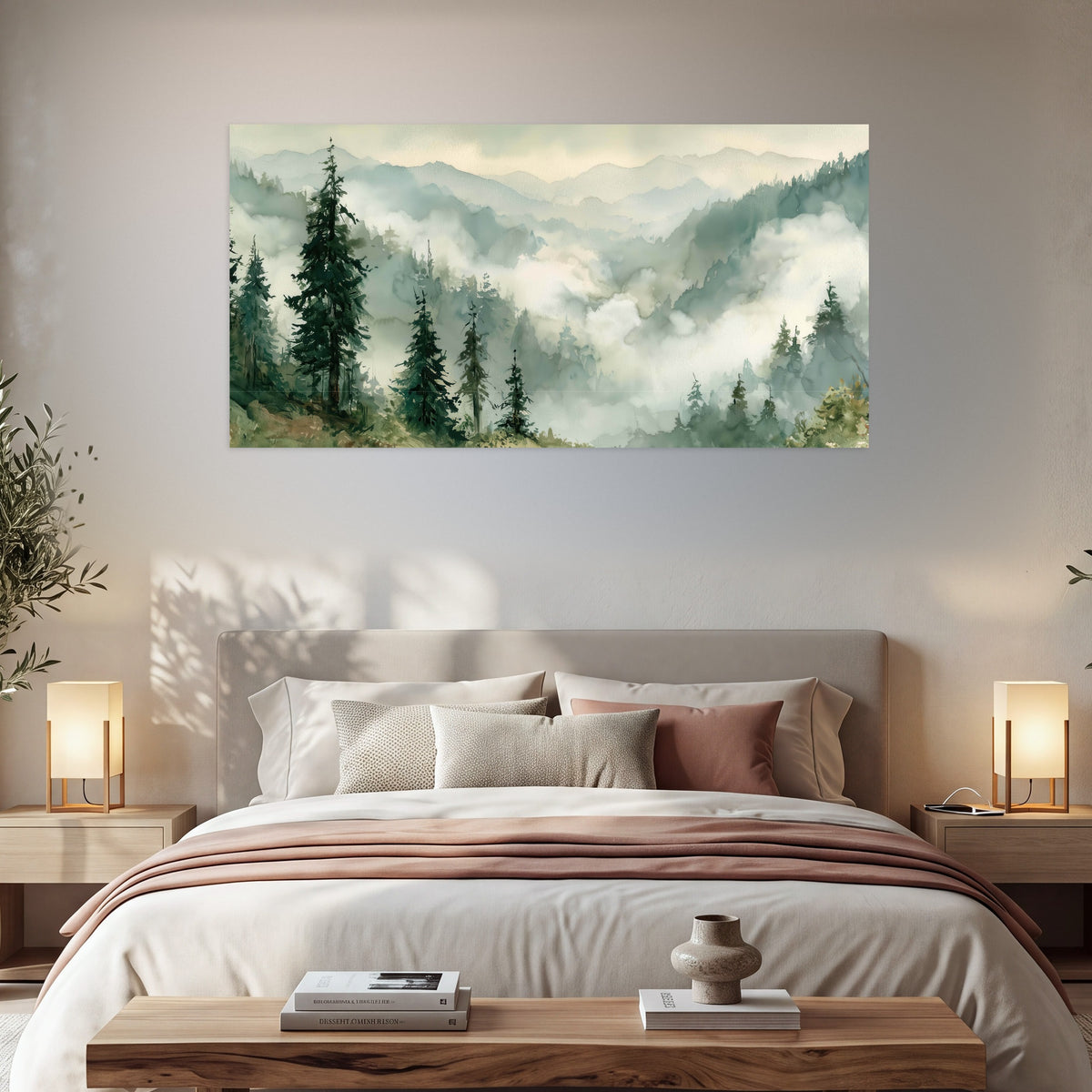 Watercolor misty mountain forest painting poster print in a bedroom above the bed