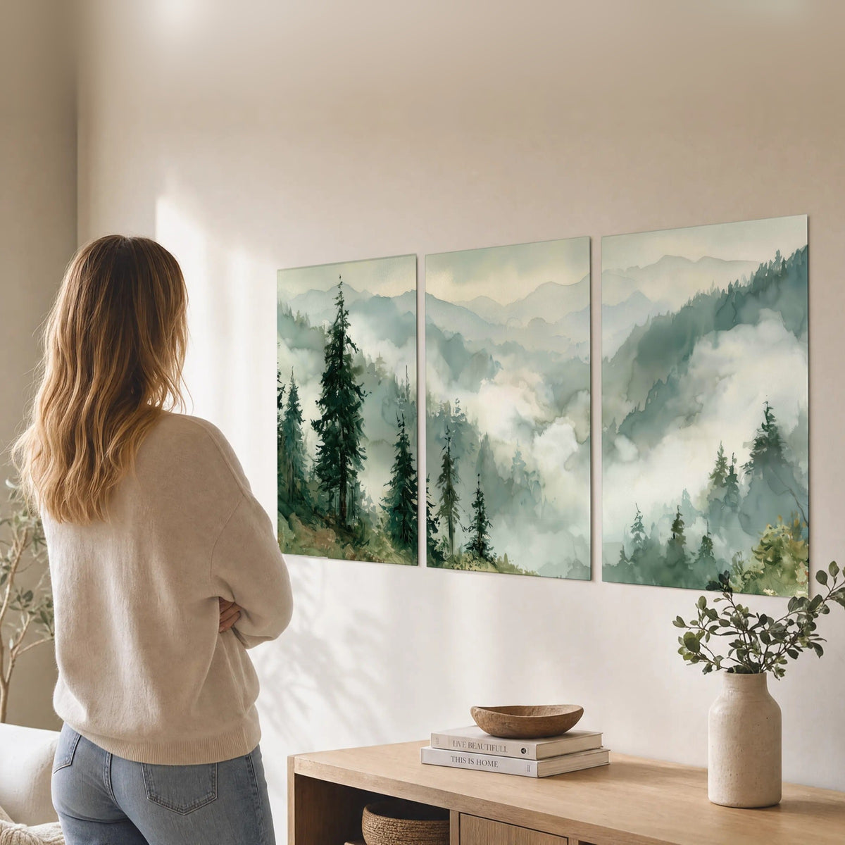 Watercolor misty mountain forest painting set of 3 poster prints in a living room