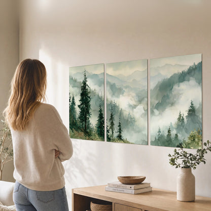 Watercolor misty mountain forest painting set of 3 poster prints in a living room
