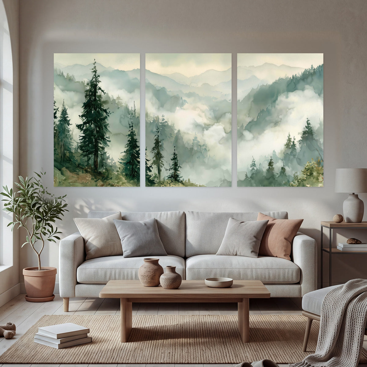 Watercolor misty mountain forest painting set of 3 poster prints in a bright living room