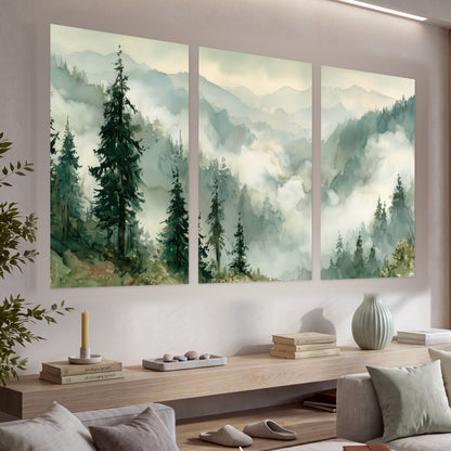 Watercolor misty mountain forest painting set of 3 poster prints in a living room above a console