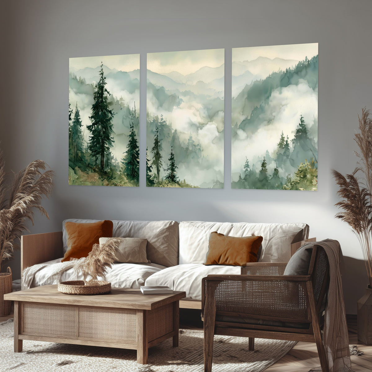 Watercolor misty mountain forest painting set of 3 poster prints in a rustic living room