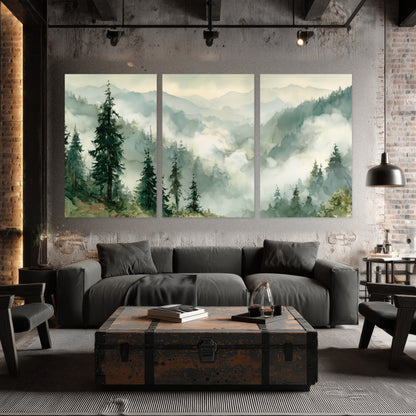 Watercolor misty mountain forest painting set of 3 poster prints in an industrial loft