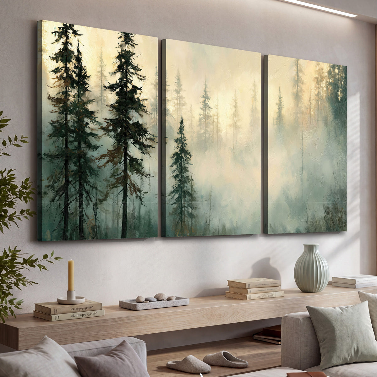 Foggy evergreen forest painting 3 piece canvas wall art in a living room above a console