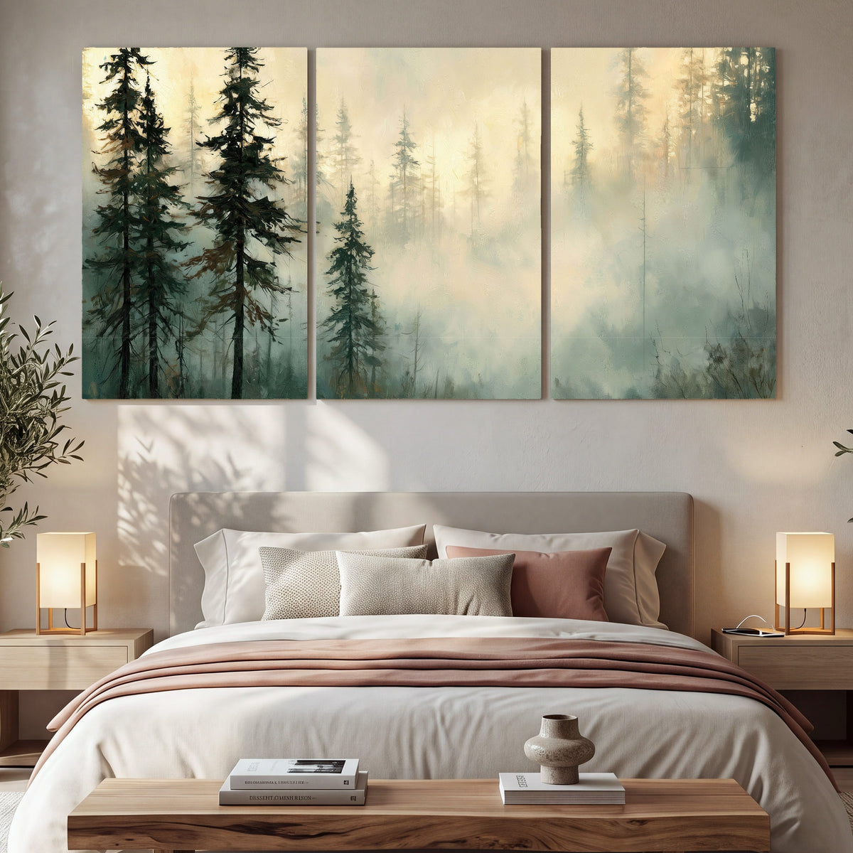 Foggy evergreen forest painting 3 piece canvas wall art in a bedroom above the bed