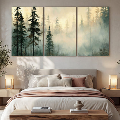 Foggy evergreen forest painting 3 piece canvas wall art in a bedroom above the bed