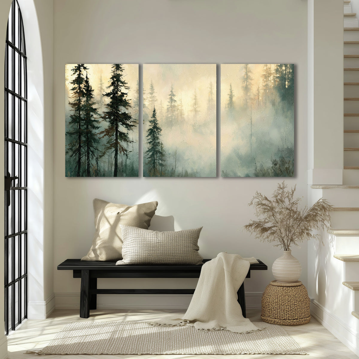 Foggy evergreen forest painting 3 piece canvas wall art in an entryway above a bench