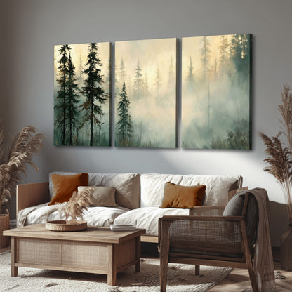 Foggy evergreen forest painting 3 piece canvas wall art in a rustic living room