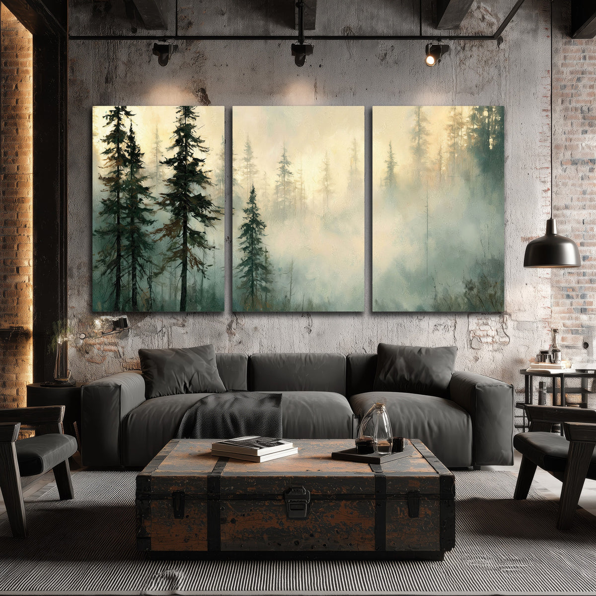 Foggy evergreen forest painting 3 piece canvas wall art in an industrial loft