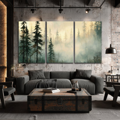 Foggy evergreen forest painting 3 piece canvas wall art in an industrial loft