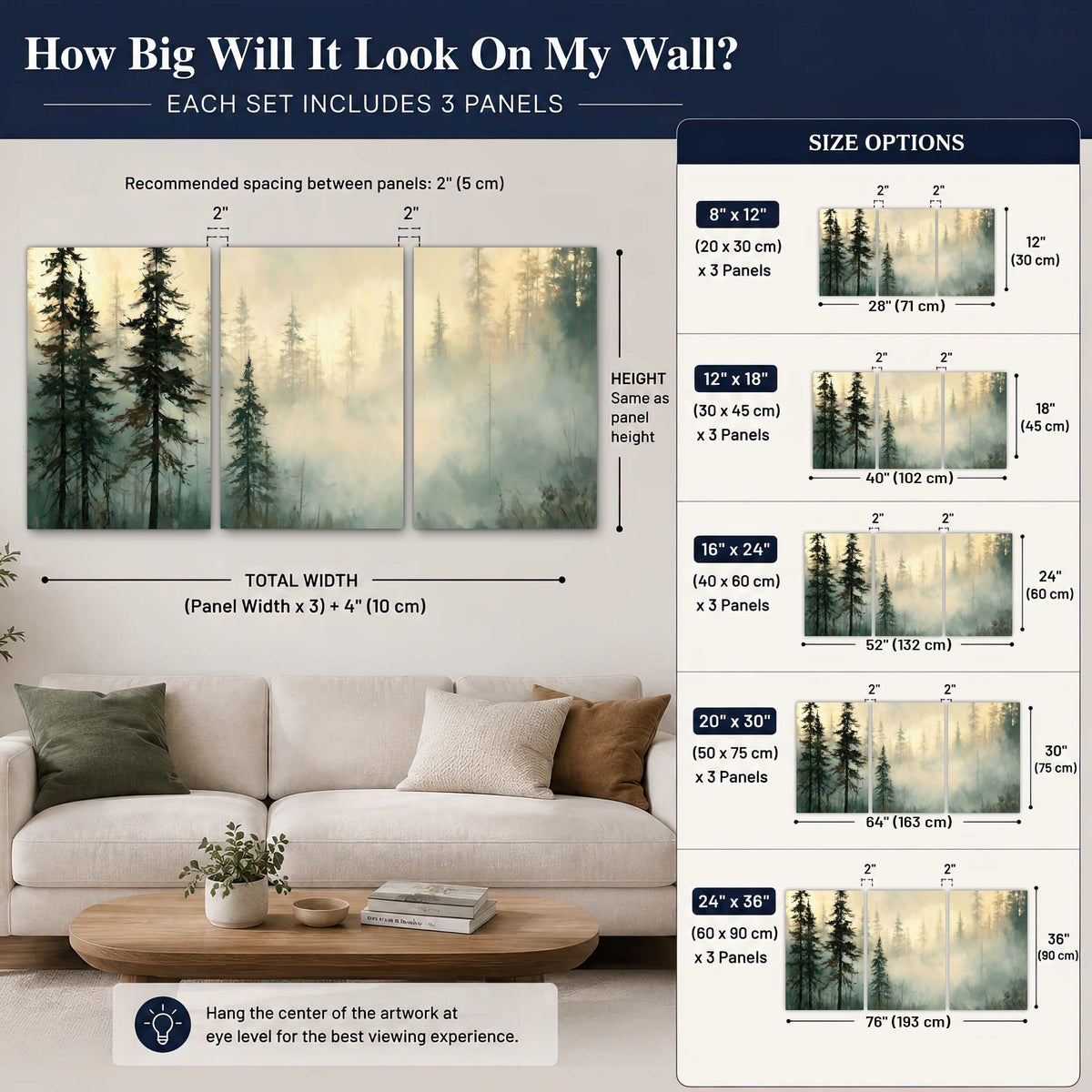 Foggy evergreen forest painting 3 piece canvas wall art size guide above a sofa