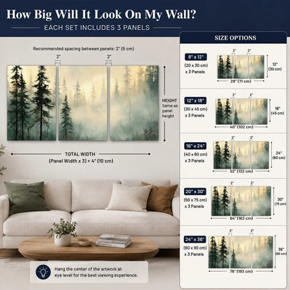 Foggy evergreen forest painting 3 piece canvas wall art size guide above a sofa