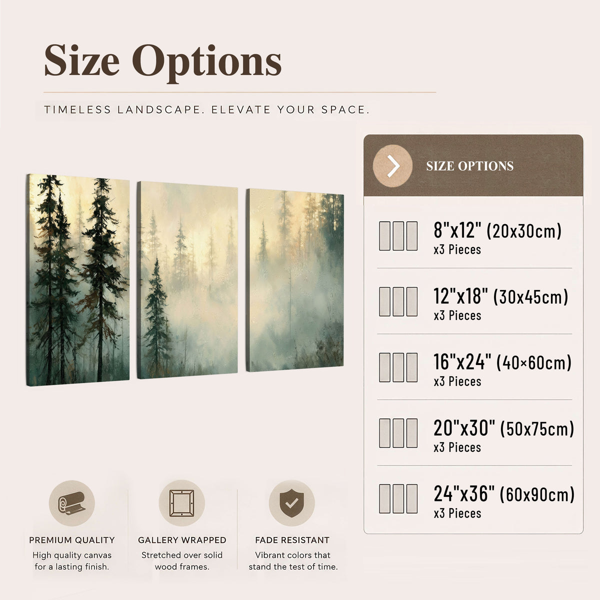 Foggy evergreen forest painting 3 piece canvas wall art size options